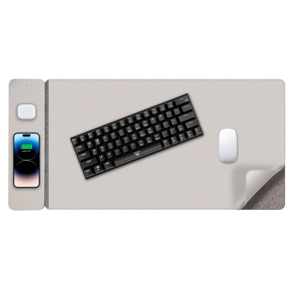 laser wireless charging desk mat grey Keyboard, phone, mouse on wireless charging desk pad