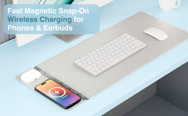 laser wireless charging desk mat grey Wireless charging station for phones and earbuds.