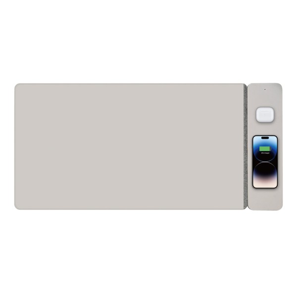 laser wireless charging desk mat grey Wireless charging mat with phone and earbuds.