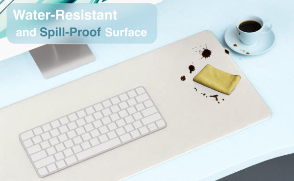 laser wireless charging desk mat grey Water-resistant, spill-proof desk mat with keyboard, coffee stain.