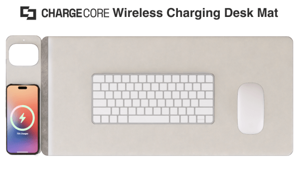 laser wireless charging desk mat grey Chargecore wireless charging desk mat with keyboard, mouse.