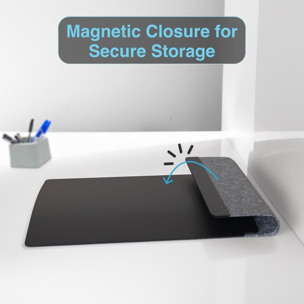 Foldable desk mat with magnetic closure for storage.