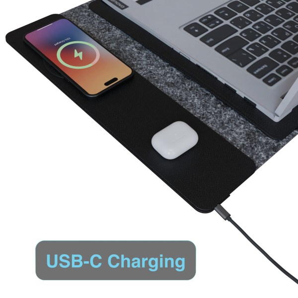 Wireless charging pad with USB-C connection.