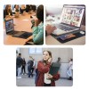Meeting, laptop use, and outdoor gathering.