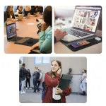 Meeting, laptop use, and outdoor gathering.