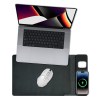 Laptop with mouse, phone, wireless earbuds on desk