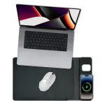 Laptop with mouse, phone, wireless earbuds on desk