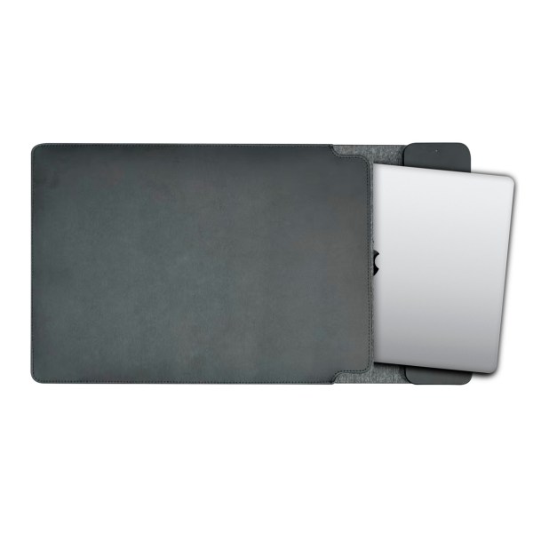 Laptop sleeve with laptop partially inside, grey colour.