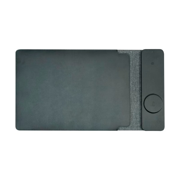 Black wireless charging pad with leather finish.