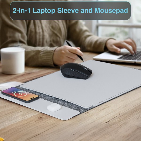 Grey laptop sleeve with mousepad on desk.