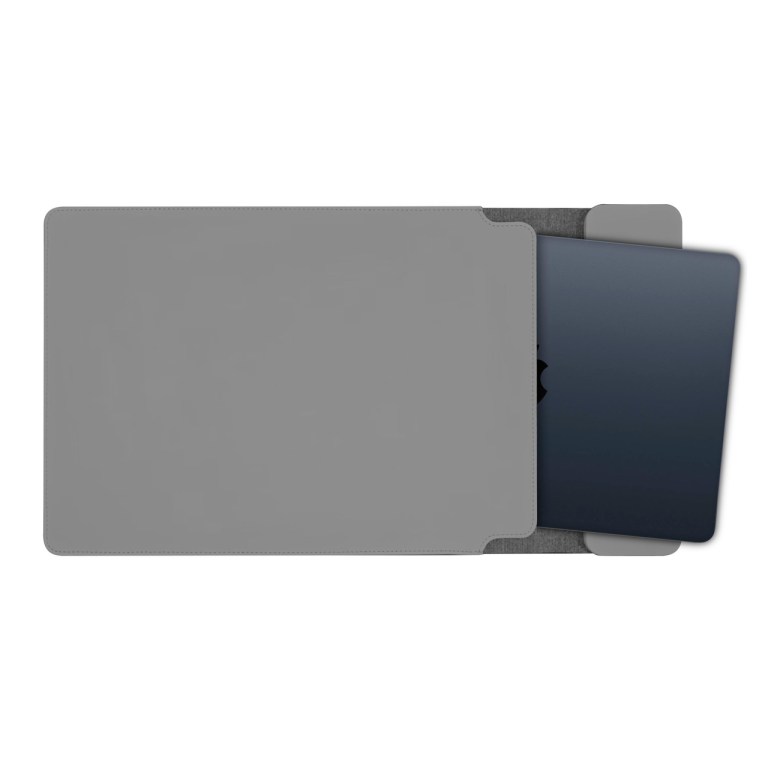 Laptop inside grey protective sleeve