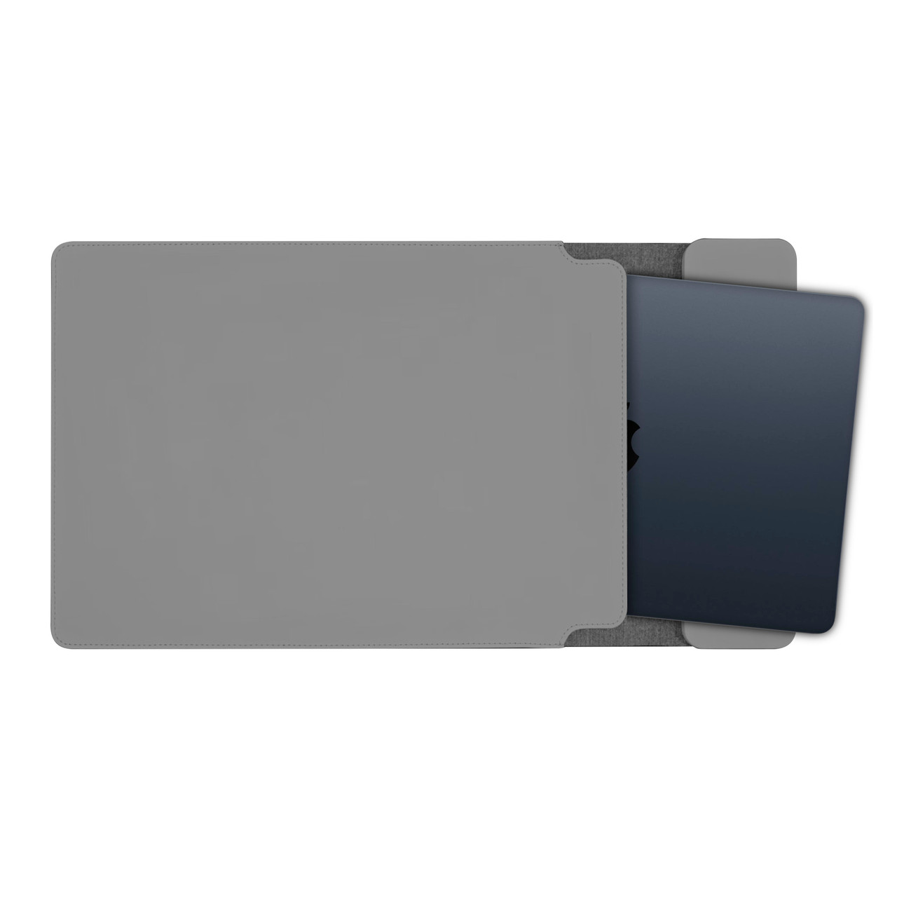 Laptop inside grey protective sleeve