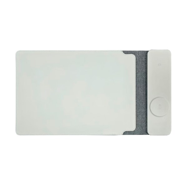 White wireless charging desk pad with grey section