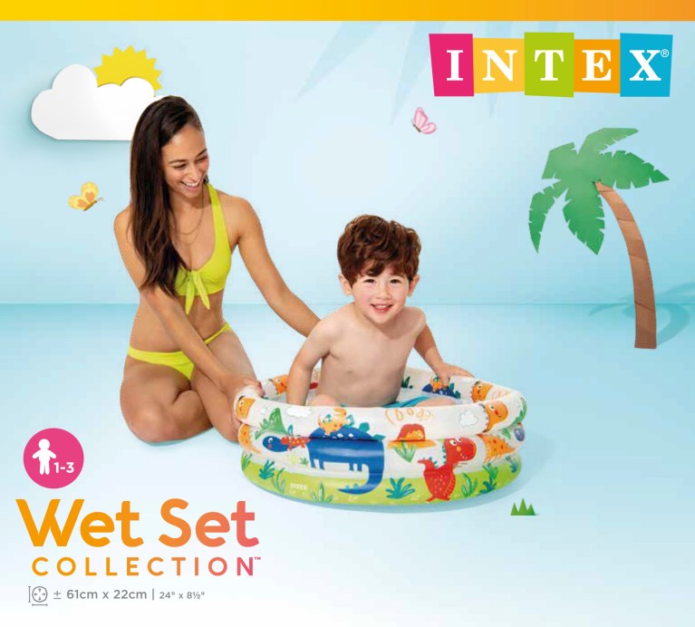 intex dino buddies 3 ring inflatable kiddie pool 57106 Child and woman in backyard inflatable pool