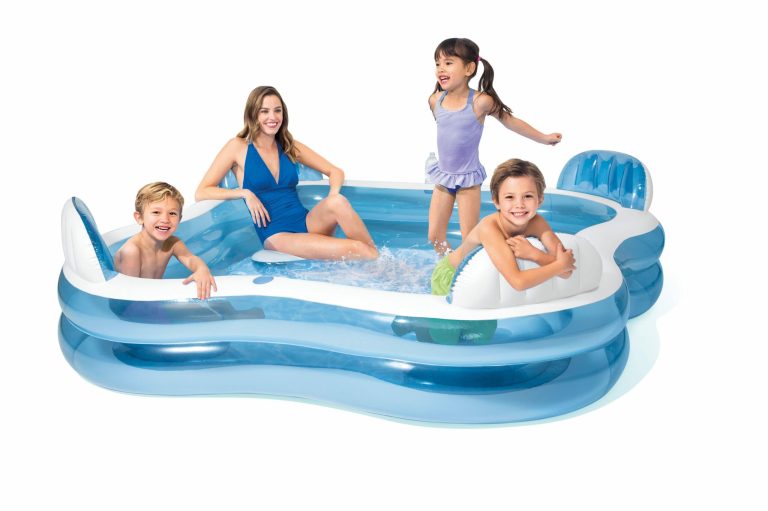 intex swim center family lounge pool 56475 Kids playing in inflatable pool with adult.