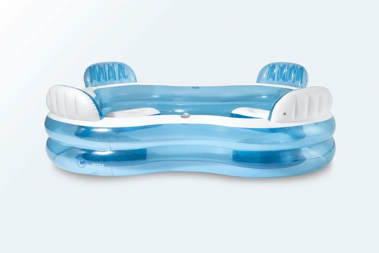 intex swim center family lounge pool 56475 Inflatable blue kiddie pool with white seats.