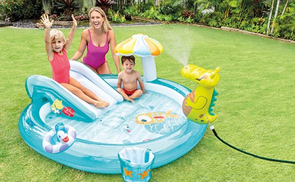 intex gator inflatable play centre 57165 Children enjoying inflatable backyard paddle pool.