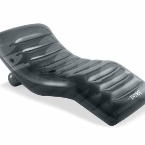 Black inflatable pool lounge chair by Intex.