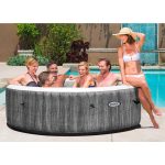 intex purespa 6 person greywood spa 28442 Group relaxing in outdoor hot tub by pool.