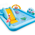 Inflatable kids pool with slide and animals