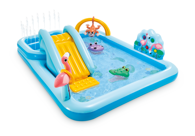 Inflatable kids pool with slide and animals
