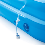 Blue inflatable pool with air valve and hose.