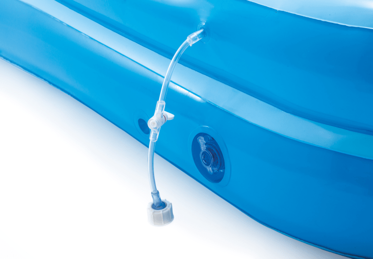 Blue inflatable pool with air valve and hose.