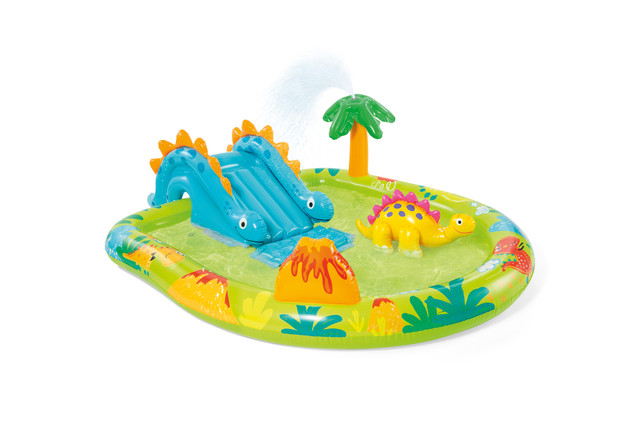 intex little dino inflatable play centre 57166 Inflatable dinosaur play centre with water slide.