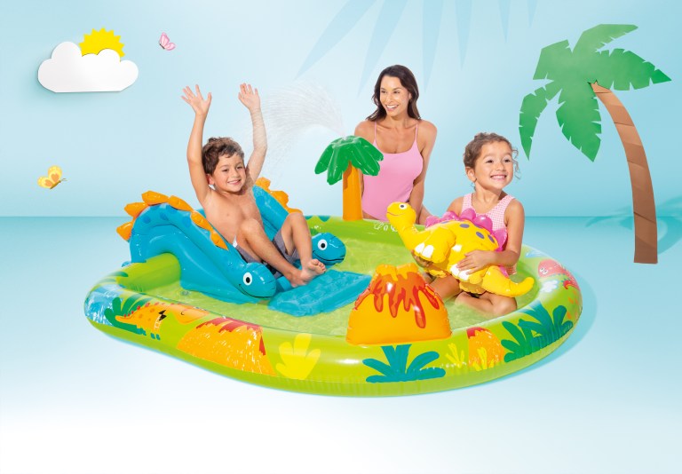 intex little dino inflatable play centre 57166 Children playing in inflatable dinosaur-themed pool.