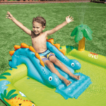 intex little dino inflatable play centre 57166 Child sliding on inflatable dinosaur pool toy.