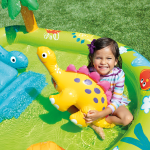 intex little dino inflatable play centre 57166 Child playing with inflatable dinosaur in kiddie pool.