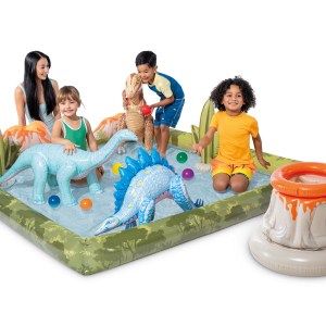 Kids playing in inflatable dinosaur pool with toys.