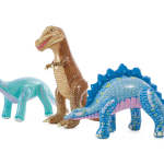 intex jurassic adventure inflatable play center 56132 Three colourful inflatable dinosaur toys on display.