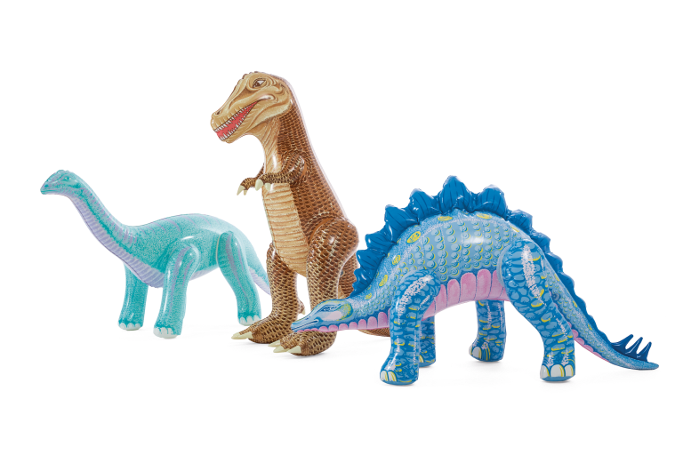intex jurassic adventure inflatable play center 56132 Three colourful inflatable dinosaur toys on display.