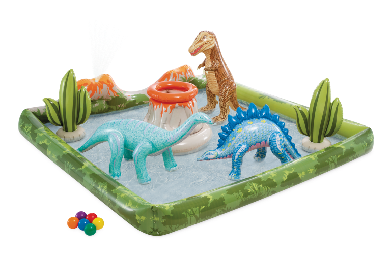 intex jurassic adventure inflatable play center 56132 Inflatable dinosaur play centre with water features.
