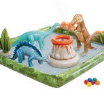 intex jurassic adventure inflatable play center 56132 Dinosaur-themed inflatable kids' play pool with volcano sprayer.