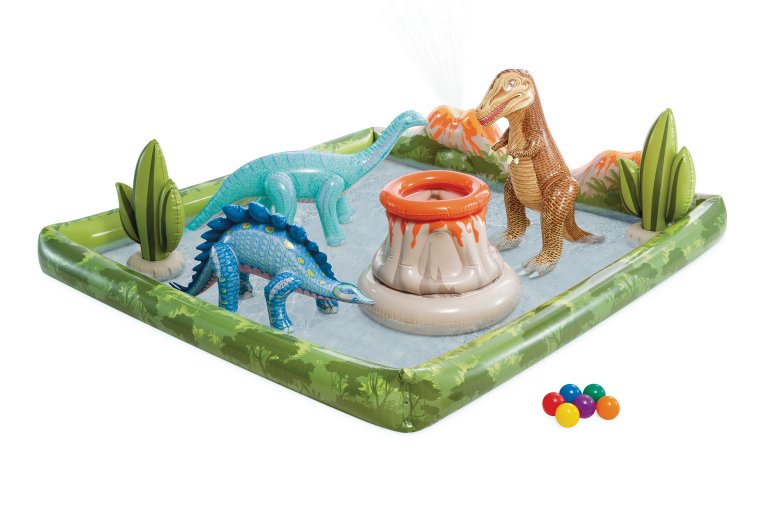 intex jurassic adventure inflatable play center 56132 Dinosaur-themed inflatable kids' play pool with volcano sprayer.
