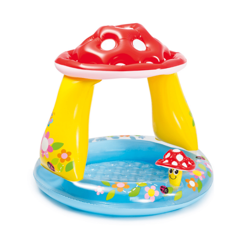 Inflatable kids pool with mushroom canopy and flowers.