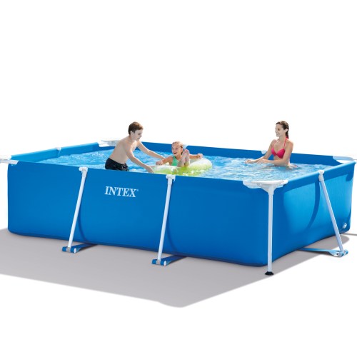 Three people enjoying an inflatable above-ground pool.