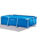 Rectangular blue above-ground swimming pool