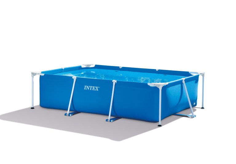 Rectangular blue above-ground swimming pool