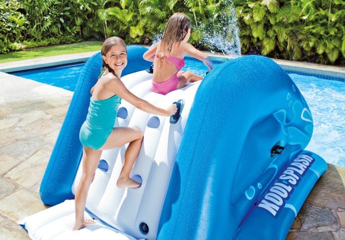 intex kool splash inflatable water slide with spray 58849 Children play on inflatable water slide in pool.