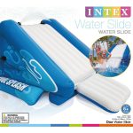 Inflatable water slide for kids, blue and white.