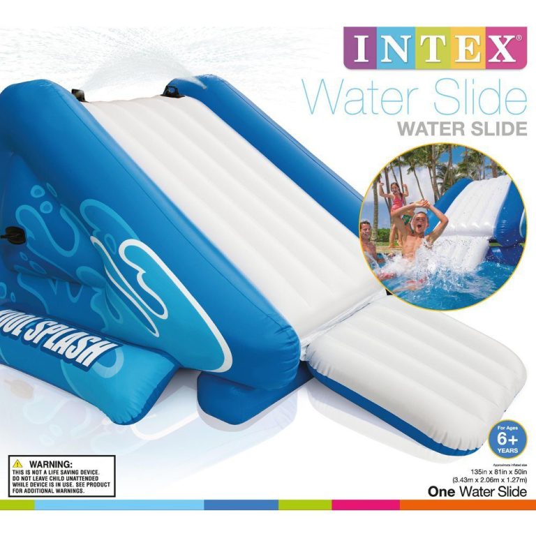 Inflatable water slide for kids, blue and white.