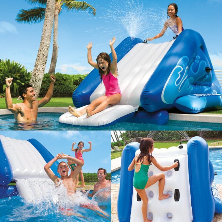 Kids enjoying inflatable pool slide with adults.