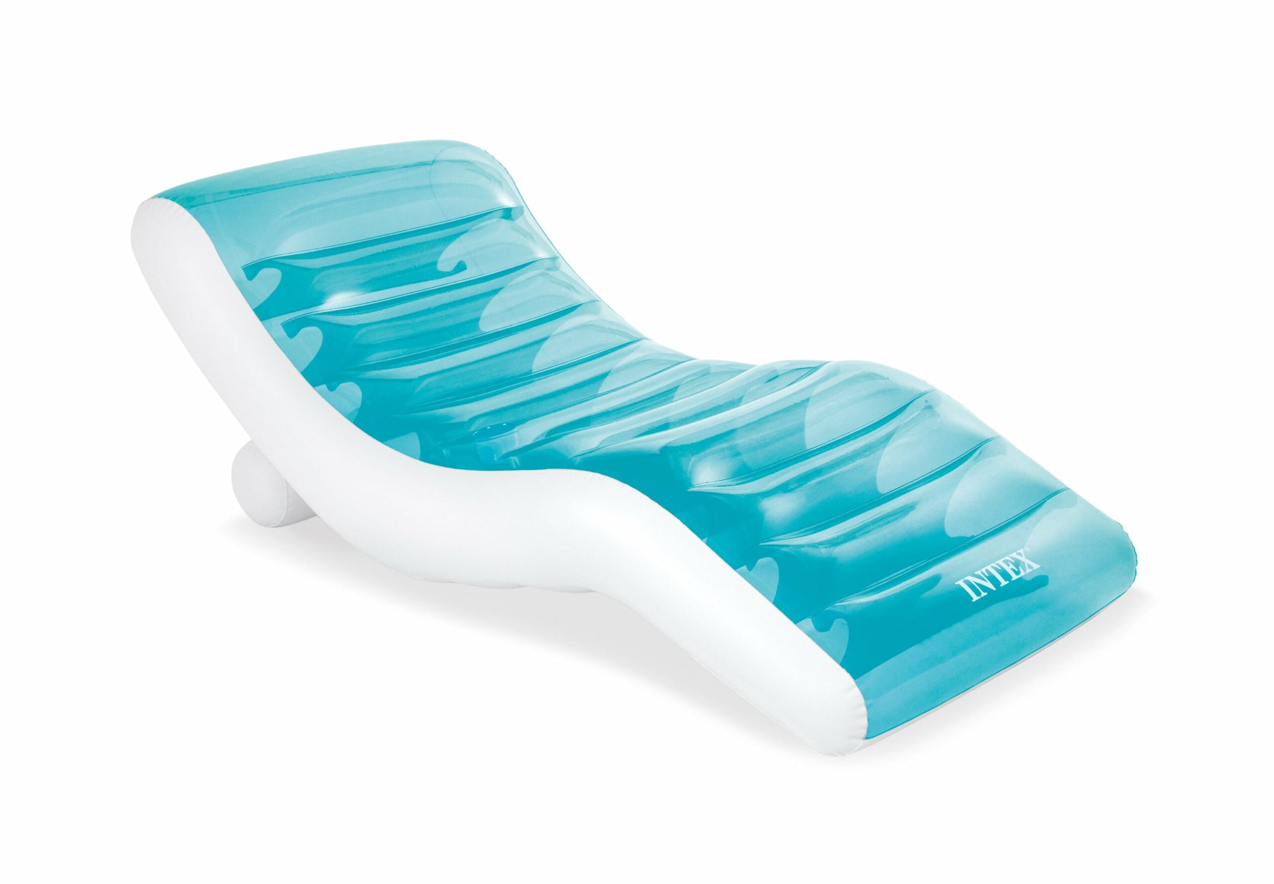 Blue inflatable pool lounger with white trim
