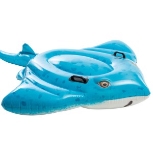 Blue inflatable stingray pool float with handles.
