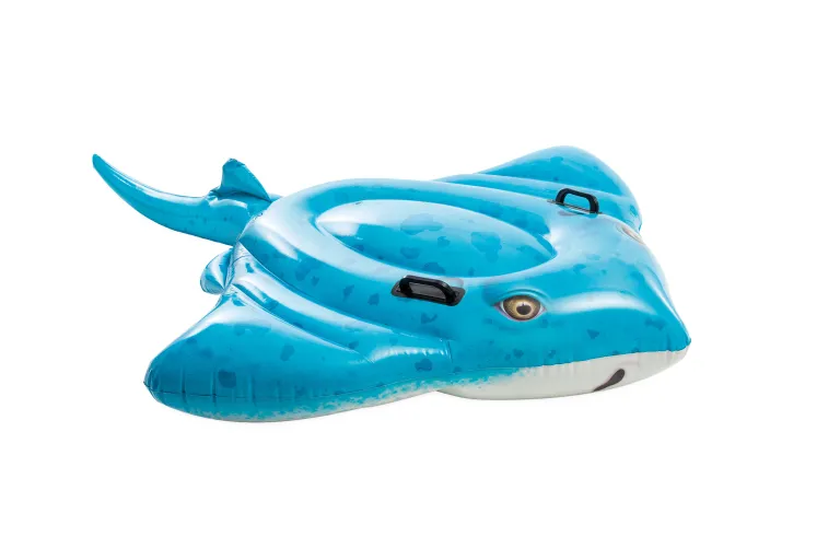 Blue inflatable stingray pool float with handles.