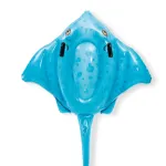 Blue inflatable stingray pool float on white background.