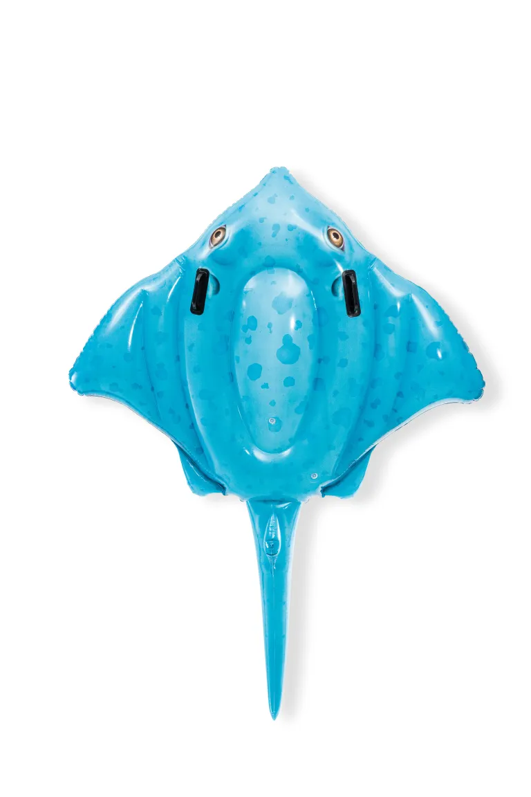 Blue inflatable stingray pool float on white background.